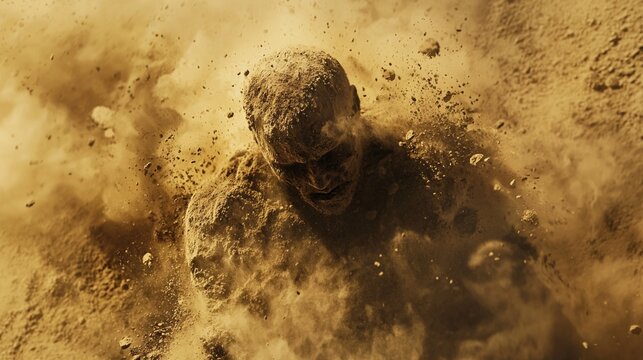 Human figure emerging from dust and sand explosion, conceptual artistic image symbolizing rebirth, power, struggle, transformation and connection between body and nature