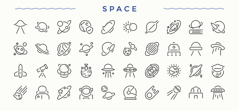 Space vector line icon set. Cosmos modern icon set. Collection for mobile and web apps. Included galaxy, planet, asteroid, universe, cosmos and more. Editable vector art and illustration.
