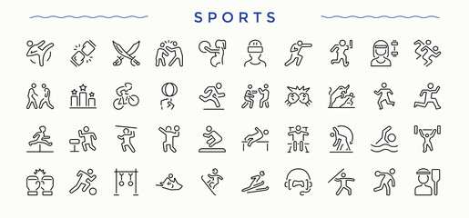 Sports modern icon set. Featuring game, gym, exercise, competition, fitness, athletics and more. Competition icon set. Icons for website. Editable stroke. Vector illustration.