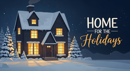 Fototapeta premium Home for the holidays image shows charming house exterior, illuminated with warm light at night, nestled amidst snowy winter landscape.