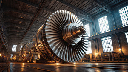 Glistening turbine nestled within a modern industrial space capturing rays of sunlight