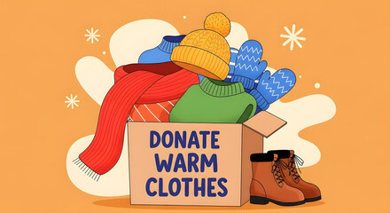 Donate warm clothes displayed in cardboard box with knitted hat, gloves, scarf, sweater, and boots. Donate warm clothes during winter drive for helping poor and homeless with necessities.