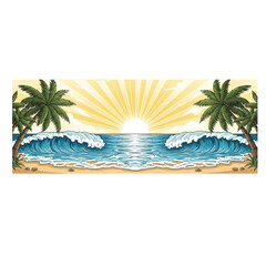 Serene panoramic vector illustration of a tropical paradise, featuring a golden sunrise over the ocean, framed by palm trees on a sandy beach