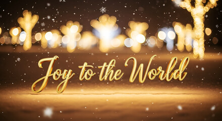 Joy to the world message on snowy ground with festive street lights is heartwarming. Joy to the world text evokes holiday spirit, bringing cheer and joy to hearts during Christmas.