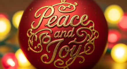 Peace and joy on a red Christmas ornament with festive lettering and string lights, conveying seasonal cheer. Peace and joy design for holiday decorations and heartfelt messages.