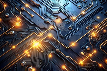 Circuit Board with Glowing Gold Traces and Electronic Components for Modern Technology and Futuristic Concepts