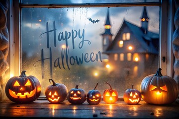 Happy Halloween Jack O Lantern Pumpkins on Window Sill with Creepy House Background and Bats in Night Sky Festive Autumn Season Decoration