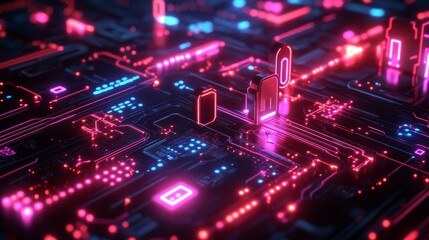 Obraz premium Information technology and abstract lock design for circuit safety, encryption, and data protection. Neon icons representing server privacy, cybersecurity, and database access control, Generative AI