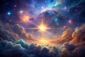 Cosmic Vista: Radiant Star Illuminating Colorful Nebulae and Cloudscapes in Vast Outer Space Background