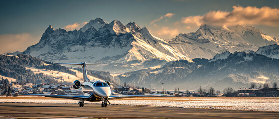 Business jet prepares for takeoff against a stunning mountain backdrop on a clear day