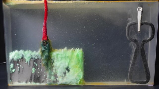 Timelapse of electroplating. Sludge collects on anode (left), bubbles rise from cathode (right).
