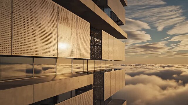 Stunning modern skyscraper facade with perforated panels reflecting the golden sunset above a sea of soft clouds Breathtaking aerial view of luxury architecture