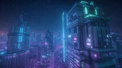 Panning aerial view revealing LED-lit skyscraper in rainy futuristic city, triggered by clip start - Powered by Adobe