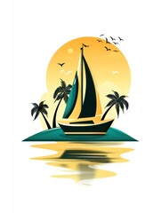 Obraz premium Sailboat on the sea against the sunset with palm trees vector illustration