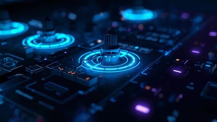 Powering up central knob pulsing neon-blue rings at console with secondary dial lighting for boot - Powered by Adobe