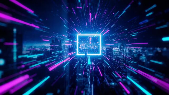 Upon camera zooming neon square sending magenta and cyan streaks outward above future city skyline