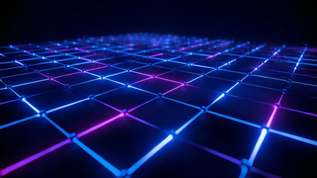 Camera tilting revealing neon grid plane undulating in digital void with cyan and magenta nodes