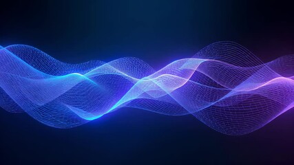 Starting neon digital waveform evolving on dark void, with pulsating blue-purple mesh-like strands - Powered by Adobe