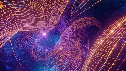 Frames initiating neon grid rotating in nebula starfield, with pulsing nodes toward central void - Powered by Adobe