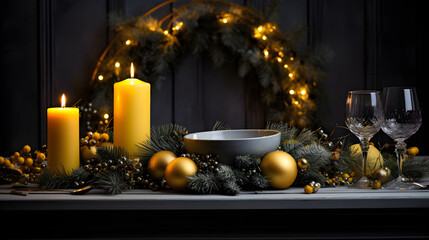 Elegant yellow and gray Christmas table setting with candles and festive decorations in warm light