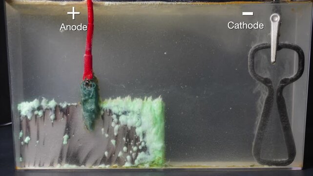 Timelapse of electroplating illustrating migration of nickel ions from positive anode to negative cathode..