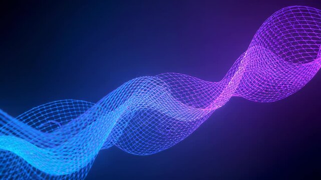 Starting from left, gridline mesh wave ribbon undulating in digital gradient space with color shift