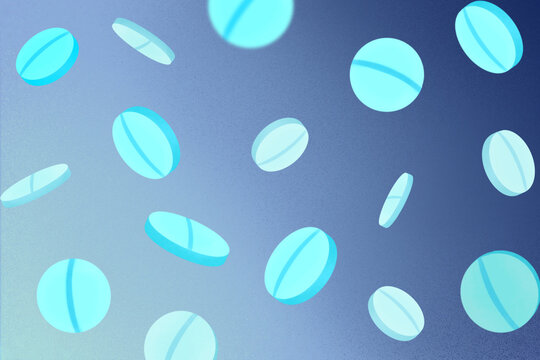 Blue pills falling on gradient background symbolizing addiction problem