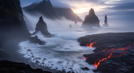 Dramatic coastal view with imposing rock formations, lava flows, and moody, misty atmosphere