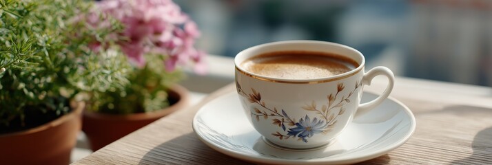 Elegant floral teacup of coffee on a wooden table by potted flowers