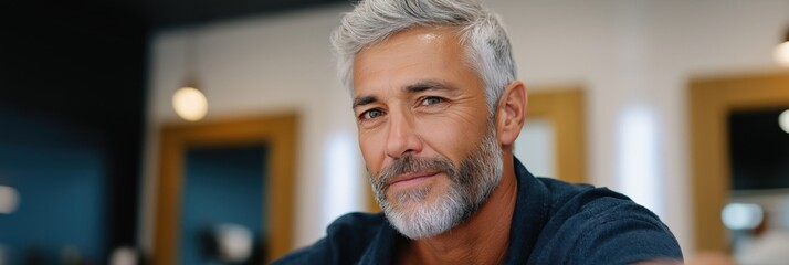 Mature caucasian male with gray hair and beard smiling indoors
