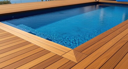 Modern rectangular swimming pool with clean lines and wooden decking