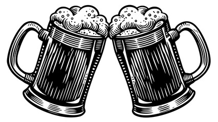 Very beautiful hand-drawn sketch illustration of two beer mugs clinking together with frothy foam spilling over, detailed vintage engraving style vector artwork.
