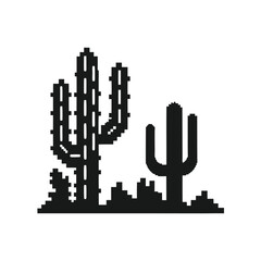 Pixelated Desert Cactus Silhouette on White Background, Wild Plants