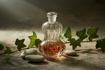 Elegant antique crystal perfume bottle filled with amber liquid artfully arranged with smooth river stones and trailing ivy leaves on a textured surface