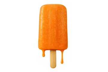 Orange popsicle melting, frozen dessert dripping on a wooden stick, sweet summer treat concept on transparent background