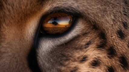 Parting eyelid over cheetah's eye and fur revealing savanna, acacia tree and helicopter reflection - Powered by Adobe