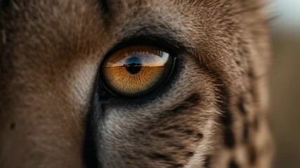 Glistening cheetah eye displaying sunset reflection at grassy plain during golden hour, savannah - Powered by Adobe
