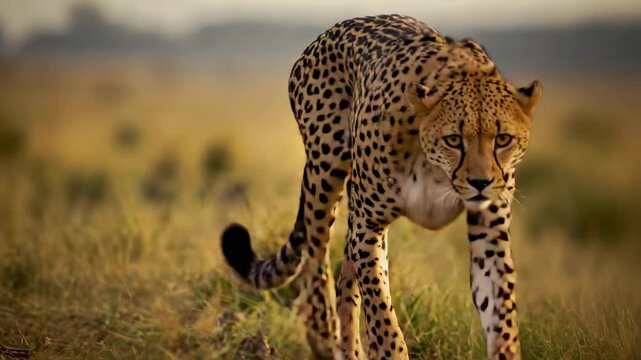 Emerging lone adult cheetah lowering head and stalking through wide savannah, catching golden light