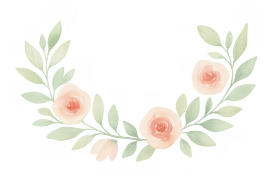 Watercolor floral wreath banner with delicate pink roses and green leaves on transparent background