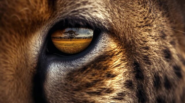 Cheetah lifting eyelid in close-up on savanna, reflecting acacia tree and grazing animals in pupil