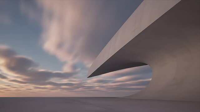 Abstract modern architecture featuring a giant wave-like concrete structure under a blurred sunset sky Minimalist futuristic design and serene clouds create