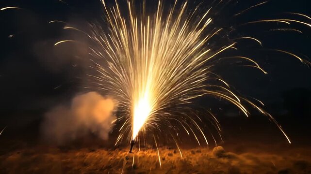 Lighting fountain firework on dry grass at night, sending golden spark trails and billowing smoke