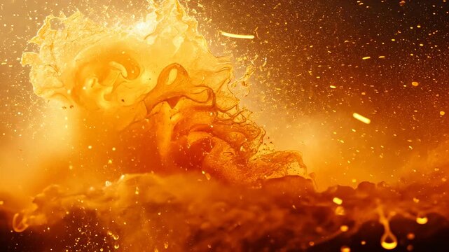 Emerging molten splash rising, sending glowing droplets across dark void, emitting ember showers