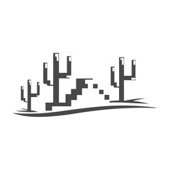 Pixelated Desert Landscape with Cactus Silhouette and White Background