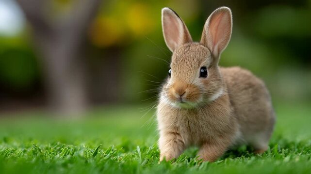 Young small brown rabbit on green grass with soft fur and natural warm light curious small mammal animal with bokeh background