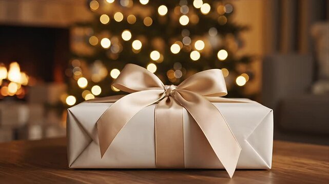 Beautiful Elegant Christmas Gift Box with Golden Satin Bow and Blurred Holiday Tree Lights by a Cozy Fireplace Perfect for Festive Seasonal Celebrations