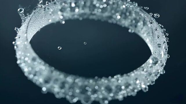 Rotating translucent torus after suspension in studio, water droplets merging and falling - Powered by Adobe