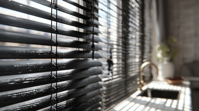 Sunlight streams through closed wooden blinds, casting shadows. The scene evokes a sense of tranquility and seclusion