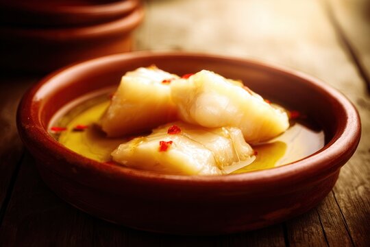 Close-up of traditional Basque bacalao al pil pil with cod in olive oil and chili
