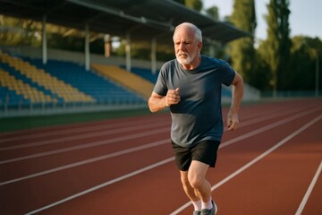 Fototapeta premium Active senior man running on stadium track for fitness and health.